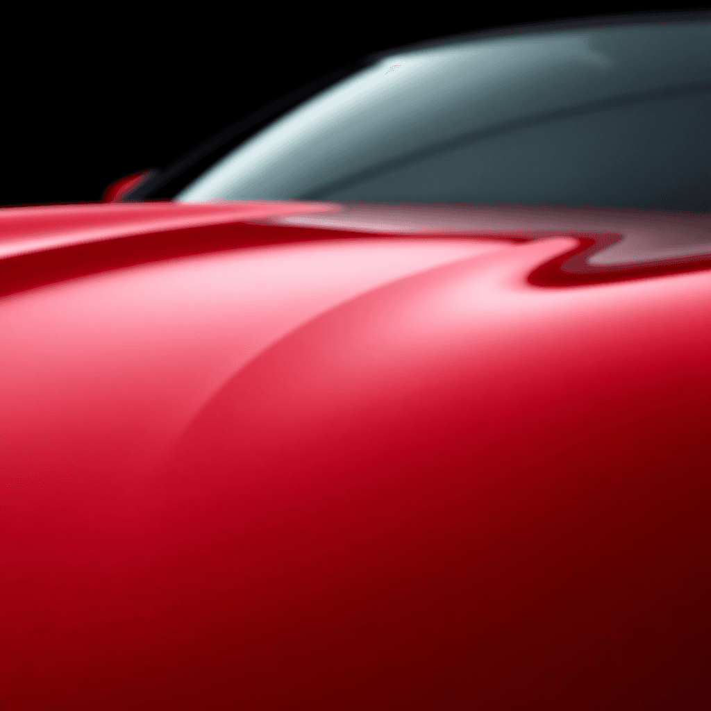 Abstract close up of red car paint curves and reflections, dark premium background, minimal style